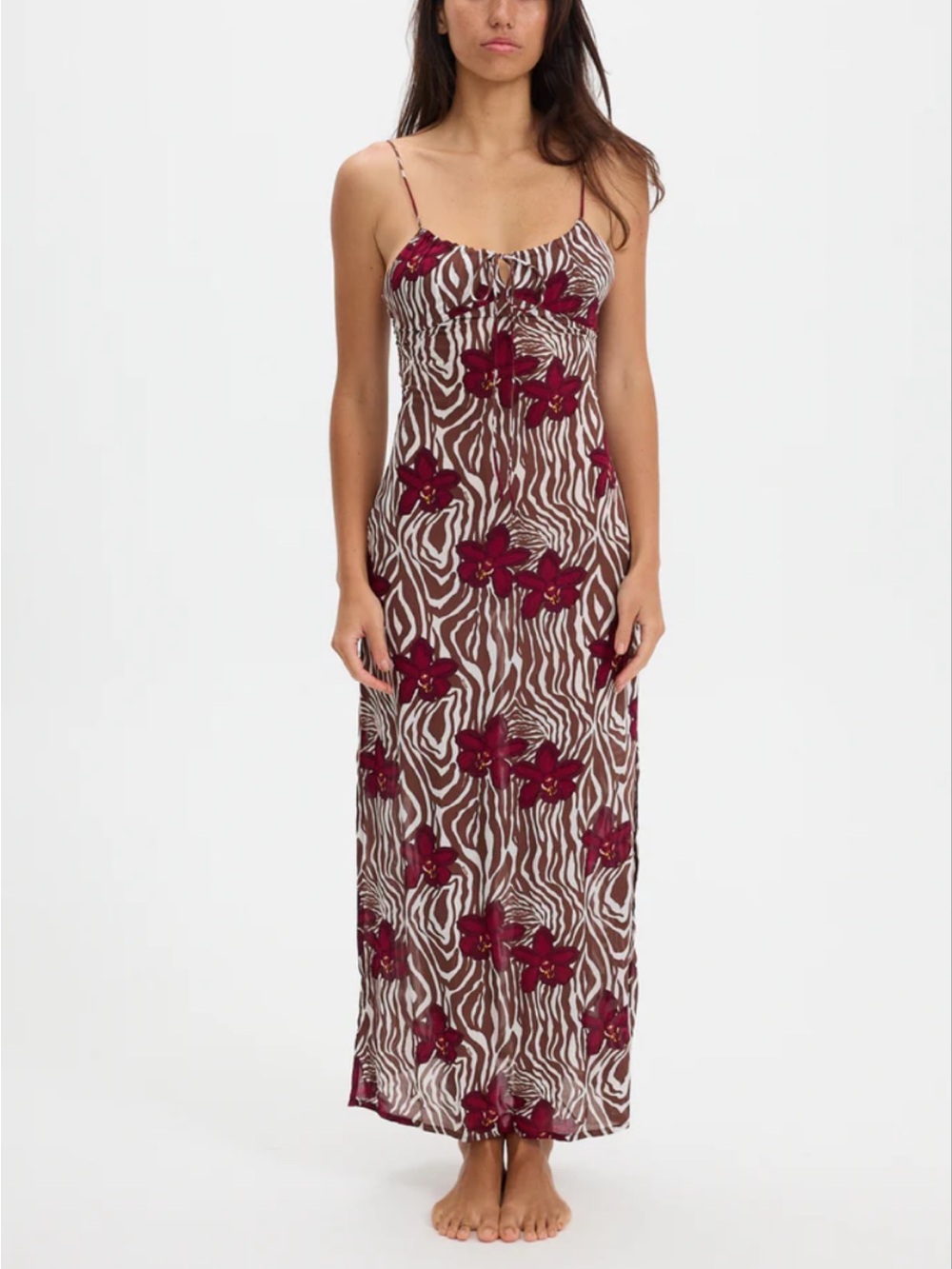 Benoa Zebra-Stripe Slip Dress with Burgundy Floral Print